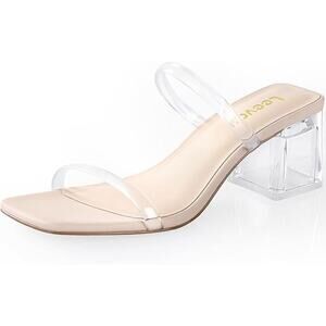 Leevar Womens Size 8 Clear Nude 2.25" Chunky Heel Open Square Toe Slip On Shoes
